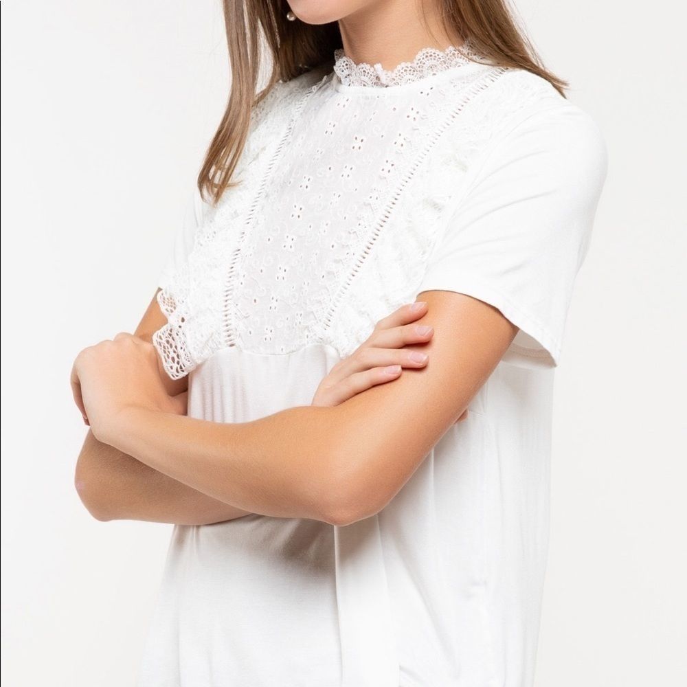White ruffle and lace top with back zipper